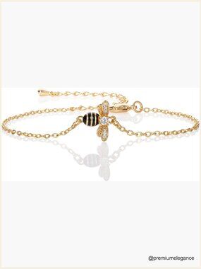 Gold Bumble Bee Charm Bracelet with Cubic Zirconia, Dainty Bee Bracelet Women